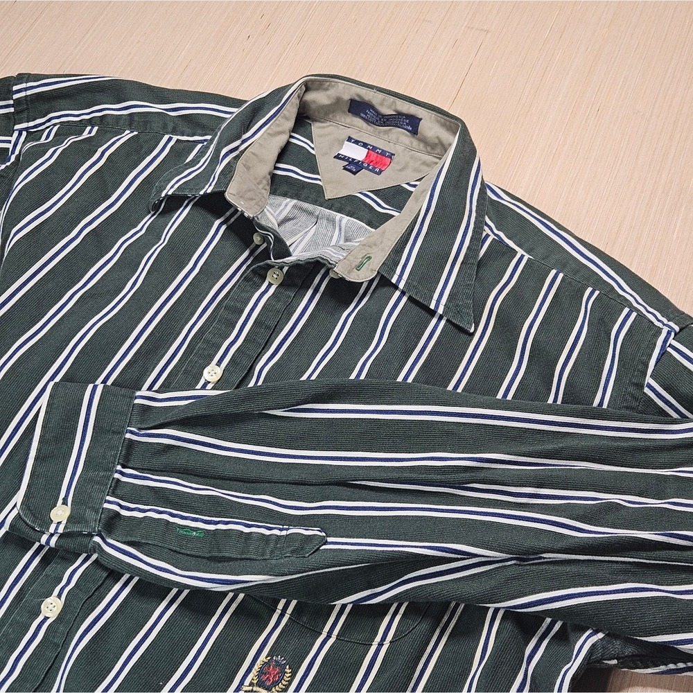 Tommy Hilfiger Button Up Men XL Green Striped Long Sleeve Pocket Logo Academic